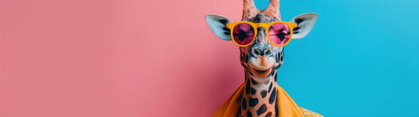 Rolgordijnen A fashionable giraffe wearing shades poses before a split pink and blue background, exuding a fun, pop-art feel © Daniel