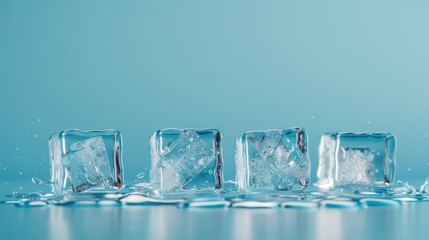 A series of four ice cubes, showcased in light blue hues to emphasize their translucent quality