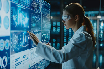 scientist is using a high tech dashboard to analyze science and Research data, technology futuristic - obrazy, fototapety, plakaty