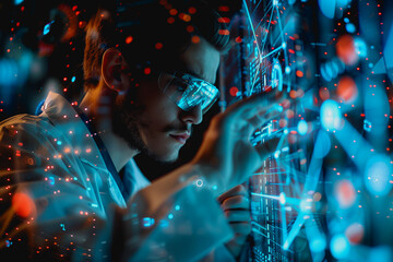 Naklejka premium scientist is using a high tech dashboard to analyze science and Research data, technology futuristic