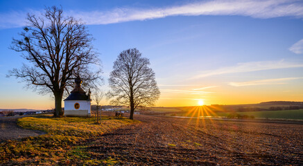chapel, holy, landscape, field, sun, sunset, nature, trees, forest