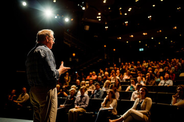 Motivational speaker presenting at conference in front of attentive audience, auditorium stage with spotlight. Educational seminar and public speaking concept for design and print. Presentation  - obrazy, fototapety, plakaty