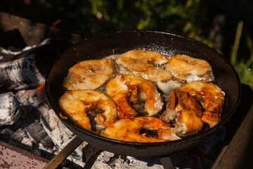 Pan frying or home cooking fish on the fire.