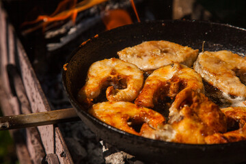 Pan frying or home cooking fish on the fire.