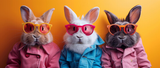 A vibrant image of three bunnies wearing sunglasses and colorful jackets against an orange backdrop