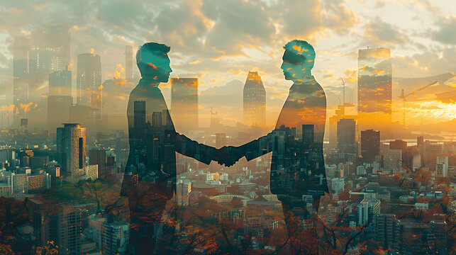 double exposure image of businessmen shaking hands with cityscape,business,agreement and cooperation 