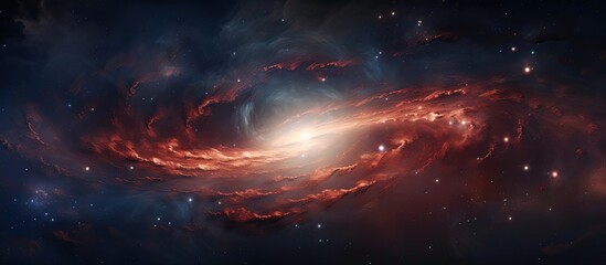 Astronomical object depicting a spiral galaxy in deep space, surrounded by clouds and water, under a sky filled with cumulus clouds, evoking a sense of wonder and mystery