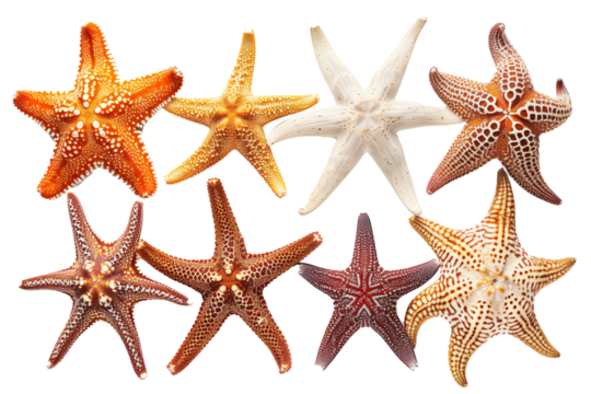 Various starfish isolated on a transparent background