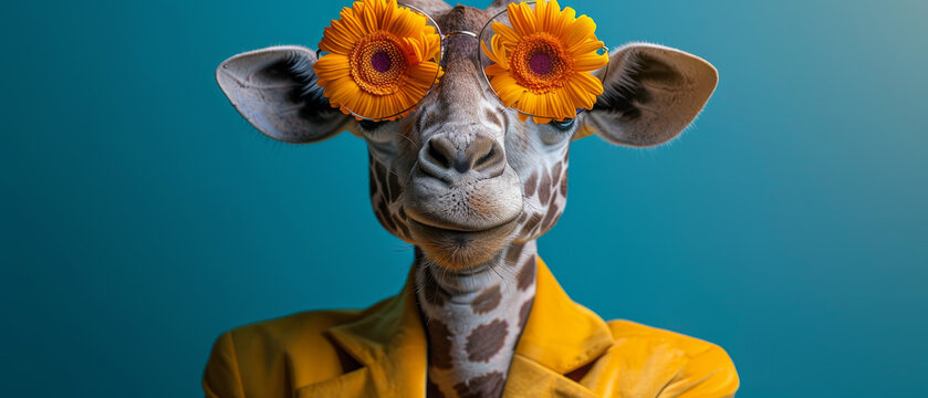 A giraffe with sunflower eyes wearing a yellow jacket creates a humorous and surreal portrait against a solid background, playing with concepts of nature and attire