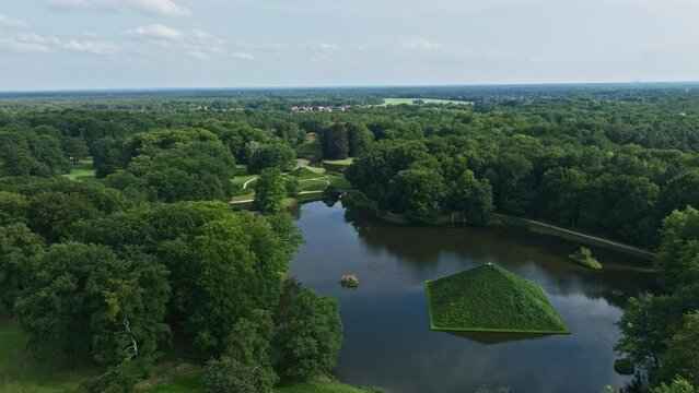 Aerial drone view of Branitzer Park water pyramid or Wasserpyramide Branitzer Park in Cottbus , Germany