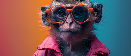 A vibrant and playful image of a furry monkey dressed in pink against a blue and orange backdrop