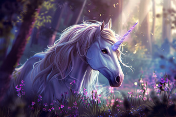 Obraz na płótnie Canvas Beautiful unicorn in forest with purple flowers.