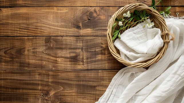A straw basket adorned with white linen, positioned on a wooden table, serving as a template for food advertisement