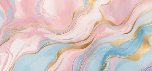 Fototapeta na wymiar Abstract watercolor paint background illustration - Soft pastel pink blue color and golden lines, with liquid fluid marbled paper texture banner texture