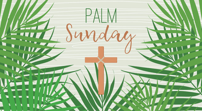 Palm Sunday banner with palm leaves and christian cross. Easter and the Resurrection of Christ. Palm Sunday banner as religious holidays background. Christian Cross.