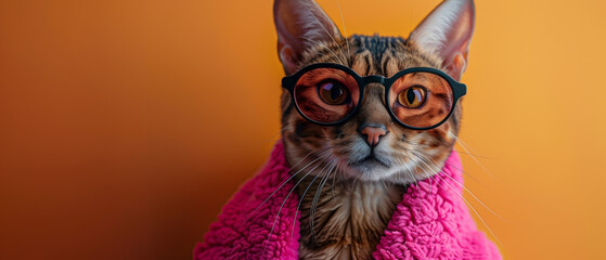 A cat dons a pink knitted sweater and oversized round glasses, giving it a smart and adorable look