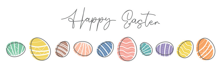 Happy Easter eggs banner, border, header. Decorative horizontal banner with Easter decorative eggs isolated on white background. Set of simple colorful doodle eggs.