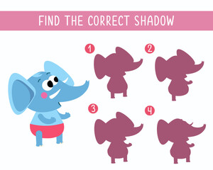 Find the right shadow. Puzzle Game for children. Cute cartoon style characters. Elephant. Vector illustration.