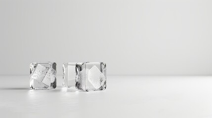 A trio of ice cubes presented against a pristine white backdrop - obrazy, fototapety, plakaty