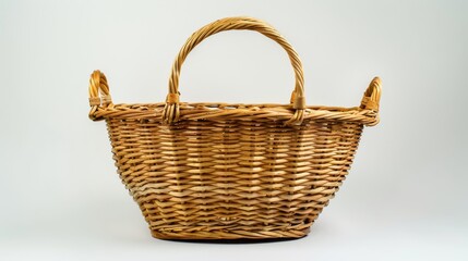Fototapeta na wymiar A vacant wicker basket equipped with handles, showcased in isolation against a white background