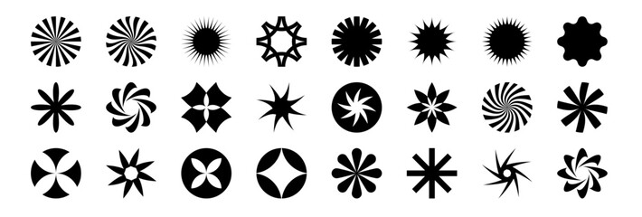 Black vector y2k flower and star stickers set. Star shaped icons, badges, labels. Sunburst tags. Vintage promotion offer elements. Promo tags, symbol element stickers. Retro Swiss style graphics - 762211557