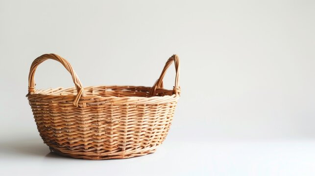 A vacant wicker basket equipped with handles, showcased in isolation against a white background