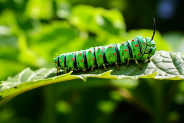 Caterpillar munching on vibrant green leaf, showcasing details of its tiny mandibles and colorful body. Generative AI