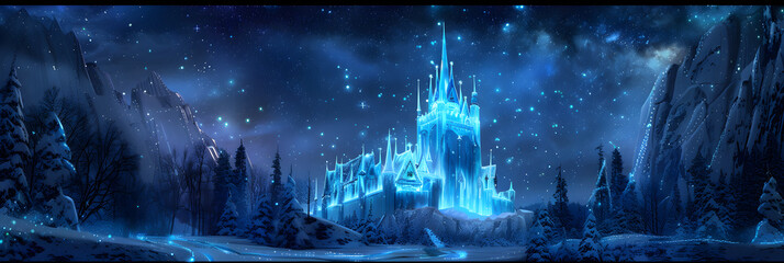 Captivating Winter Wonderland: Majestic Ice Castle Illuminated under the Starry Night - obrazy, fototapety, plakaty