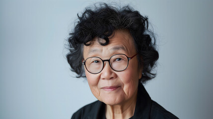 Une femme âgée de type asiatique portant des lunettes de vue.
