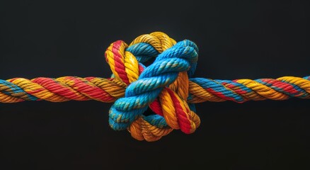 A knot made from a colorful rope with a black background. Strong teamwork and team connection...
