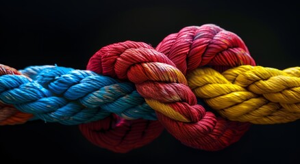 A knot made from a colorful rope with a black background. Strong teamwork and team connection concept. - obrazy, fototapety, plakaty