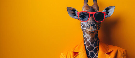 A quirky giraffe donning red sunglasses and a yellow jacket stands against a vibran