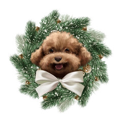Cute poodle dog. Christmas illustration with fir branches and bow.