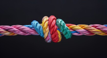 A knot made from a colorful rope with a black background. Strong teamwork and team connection concept.