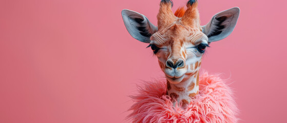 Cool and confident giraffe with a sly expression wearing pink against a pink backdrop