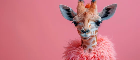 Foto op Canvas Cool and confident giraffe with a sly expression wearing pink against a pink backdrop © Daniel