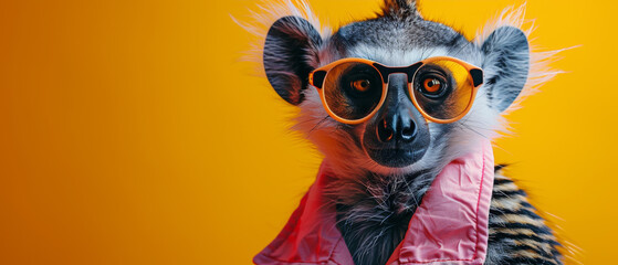 Fototapeta premium A stylin' lemur wearing a leather jacket, its hair combed back, exudes cool attitude