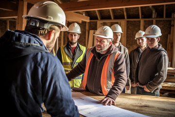 Construction foreman giving instructions to team. Generative AI - obrazy, fototapety, plakaty