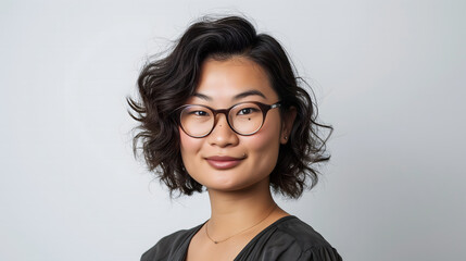 Une femme de type asiatique avec un grand sourire portant des lunettes de vue.