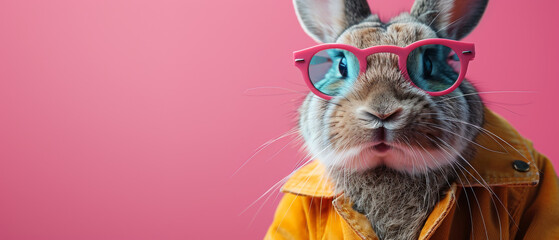 A charismatic rabbit wearing a yellow jacket and chic red glasses on a pink background