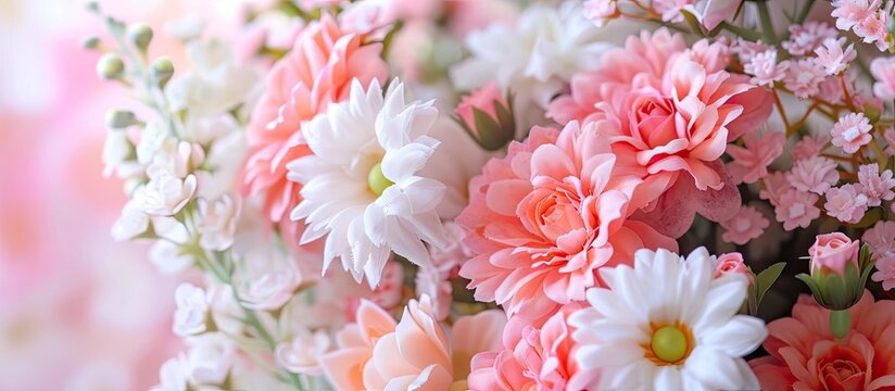 A closeup shot captures a beautiful bouquet of pink and white flowers in a vase, showcasing the delicate petals of the flowering plants in stunning peach and blossom colors