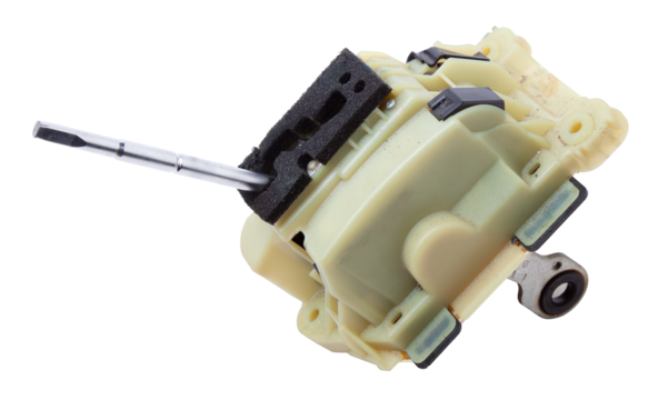 Spare part on a white isolated background in a photo studio for sale at an auto-parsing or replacement in a car service center - Automatic transmission selector gear lever with plastic elements
