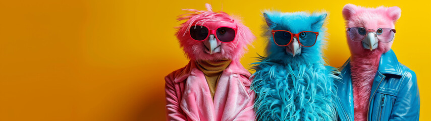 Trio of whimsical birds dressed in human clothes and sunglasses posing on a yellow background - obrazy, fototapety, plakaty