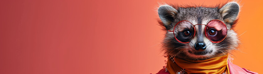 Humorously dressed raccoon character sports hipster red glasses and a red jacket, embodying an anthropomorphic fashion vibe - obrazy, fototapety, plakaty