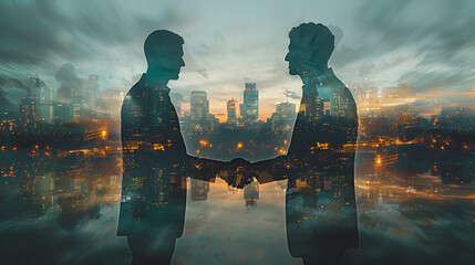double exposure image of businessmen shaking hands with cityscape, business, agreement and cooperation  - obrazy, fototapety, plakaty