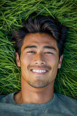 A beautiful model lying on a grass field