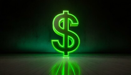 Green neon dollar sign with reflective floor in 3d - obrazy, fototapety, plakaty