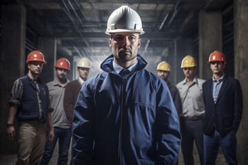 Confident construction foreman leading a team of workers. Generative AI - obrazy, fototapety, plakaty