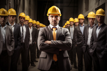 Construction businessman foreman leading a team of workers. Generative AI - obrazy, fototapety, plakaty