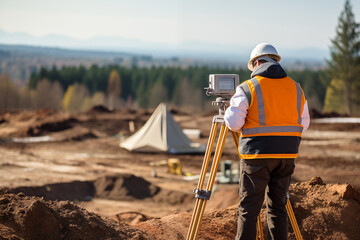 Construction worker surveyor meticulously measuring and analyzing terrain. Generative AI